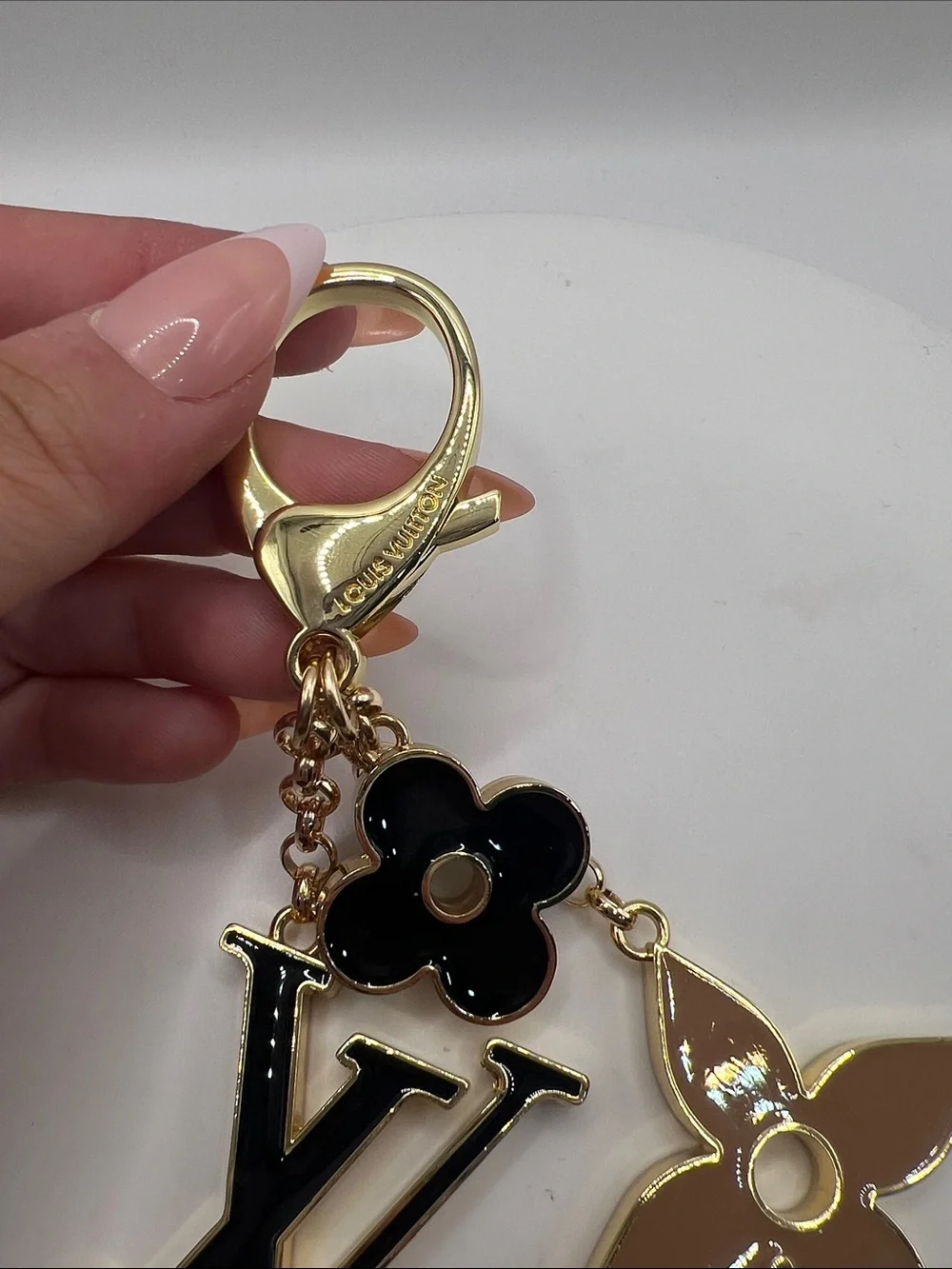 1400. Black & Tan Enamel Charm Bag Chain with Gold Hardware